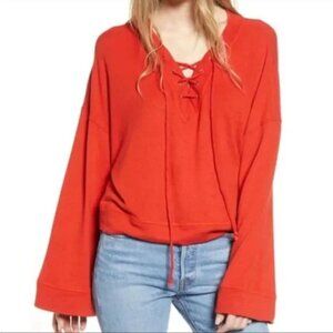 Cupcakes and Cashmere Orange Soma Lace Up V-Neck Cropped Sweater Trendy Cozy